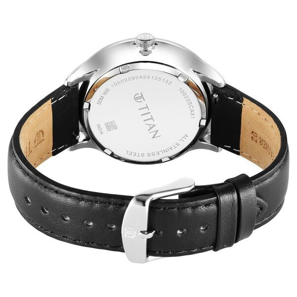 Titan Timeless Treasures Quartz Analog with Date White Dial With Black Color Leather Strap Watch For Men