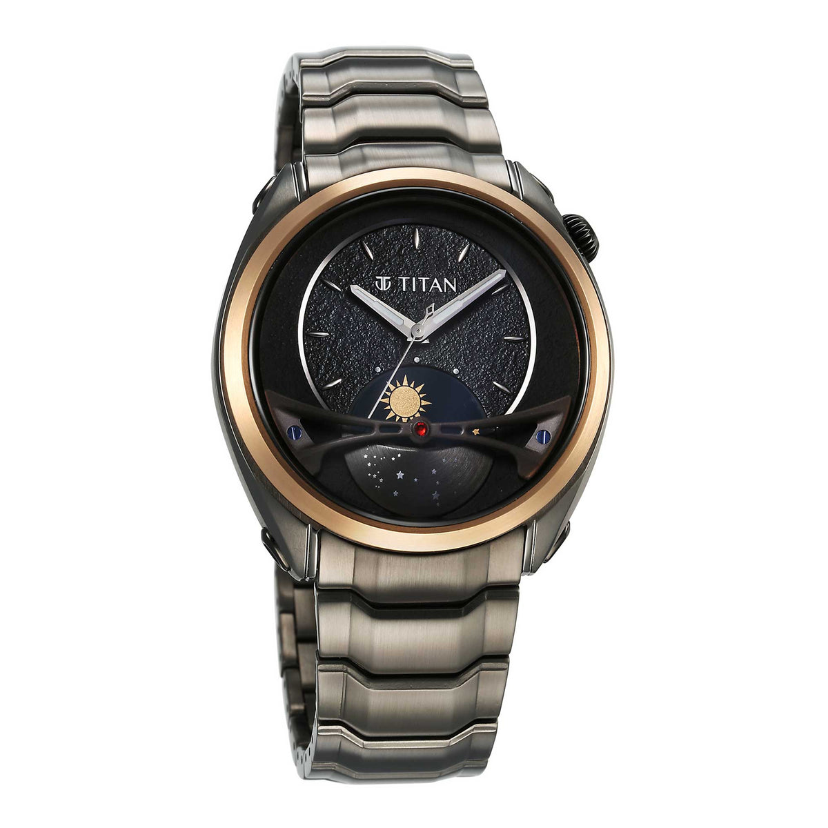 Titan Stellar Quartz Multifunction Black Dial Stainless Steel Strap Watch for Men