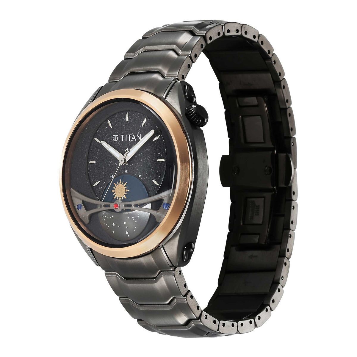 Titan Stellar Quartz Multifunction Black Dial Stainless Steel Strap Watch for Men
