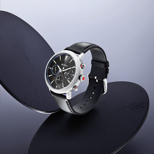 Titan Stellar Quartz Multifunction Black Dial Leather Strap Watch for Men 10012SL01
