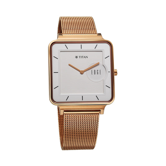 Titan Edge Quad Quartz Analog White Dial With Rose Gold Stainless Steel Strap Watch For Men