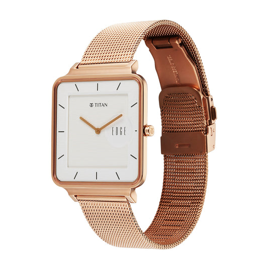Titan Edge Quad Quartz Analog White Dial With Rose Gold Stainless Steel Strap Watch For Men