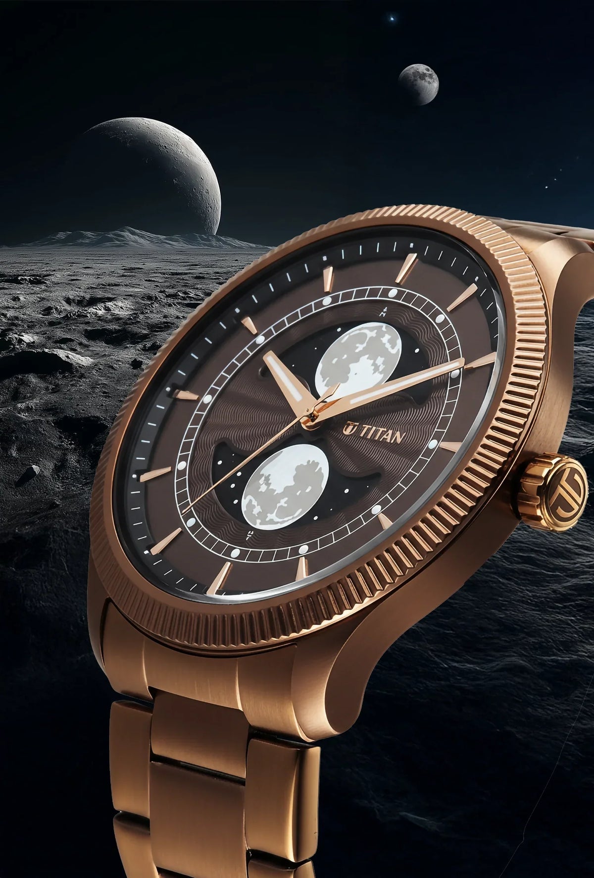 Titan Stellar Analog with Dual Moon Phase Brown Dial Watch