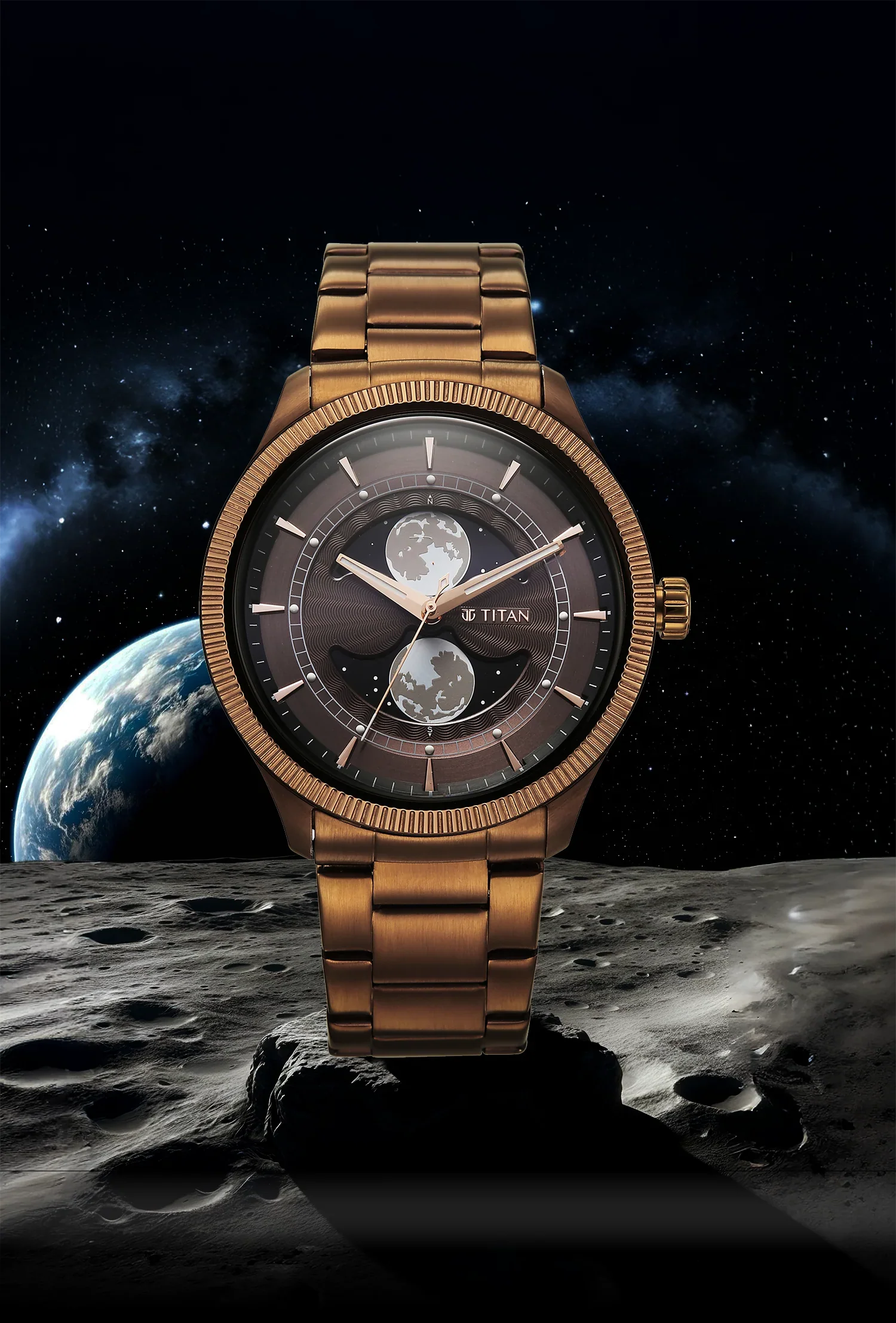 Titan Stellar Analog with Dual Moon Phase Brown Dial Watch