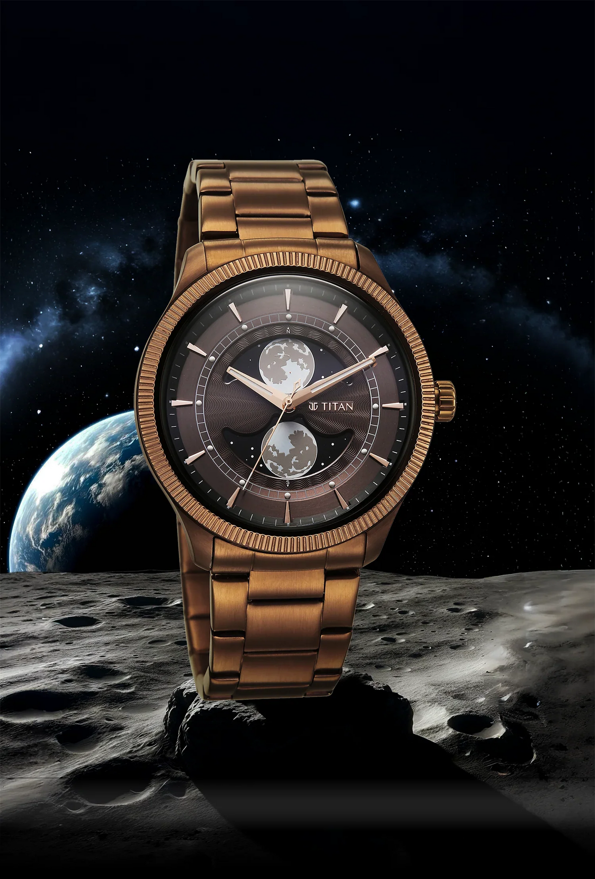 Titan Stellar Analog with Dual Moon Phase Brown Dial Watch
