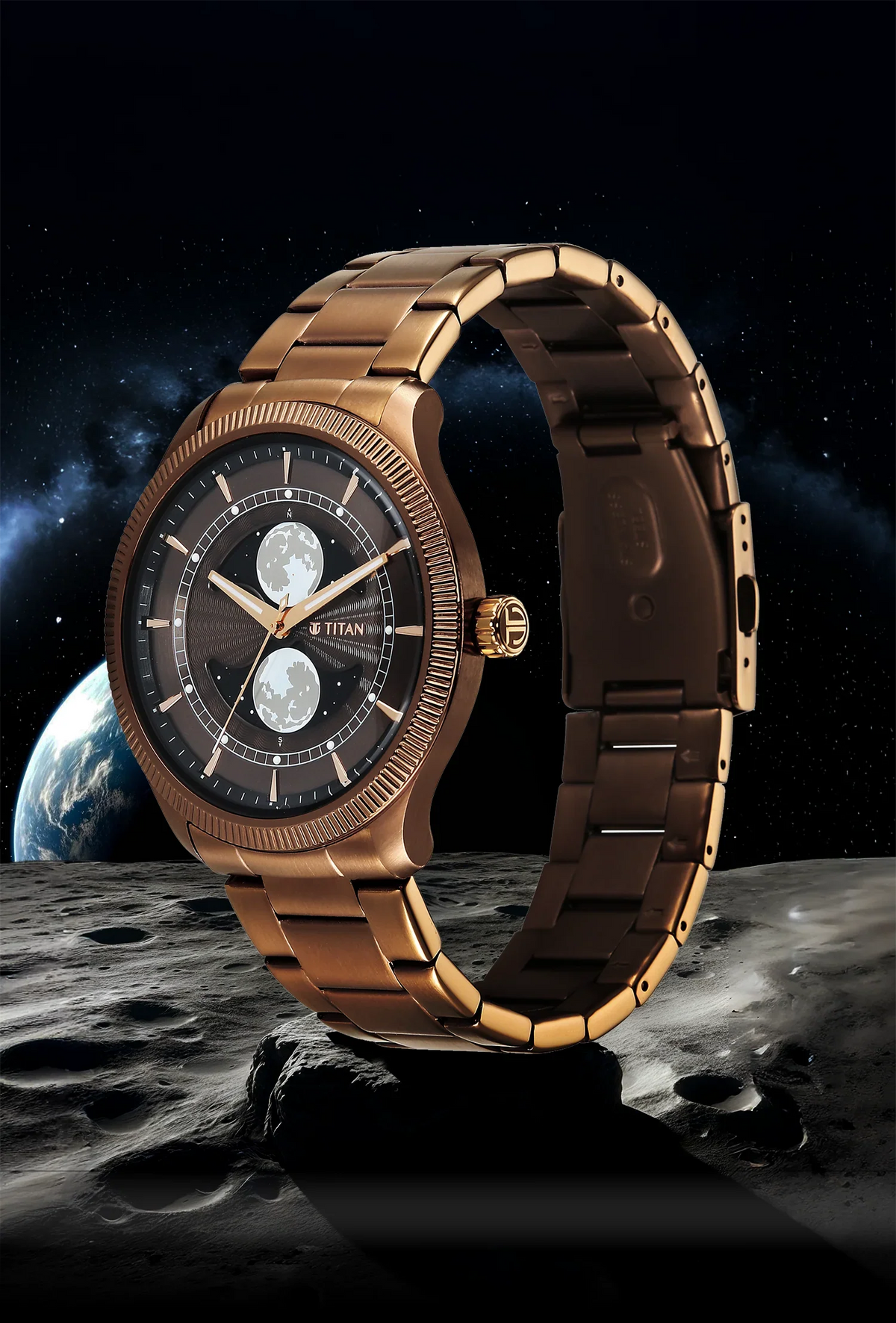 Titan Stellar Analog with Dual Moon Phase Brown Dial Watch