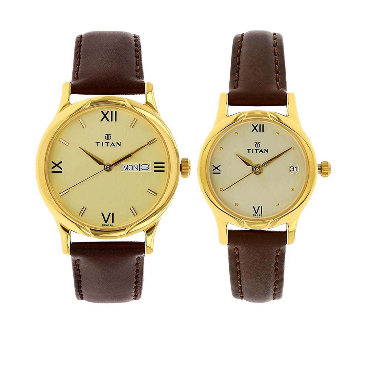 Titan Quartz Analog with Day and Date Champagne Dial Leather Strap Watch for Couple