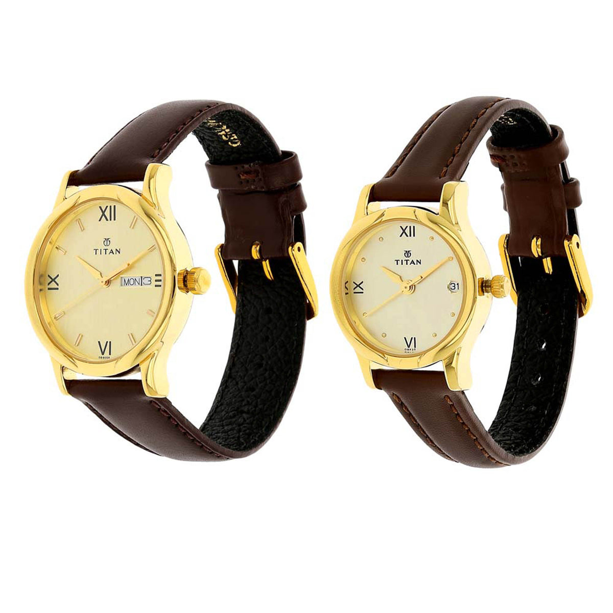 Titan Quartz Analog with Day and Date Champagne Dial Leather Strap Watch for Couple