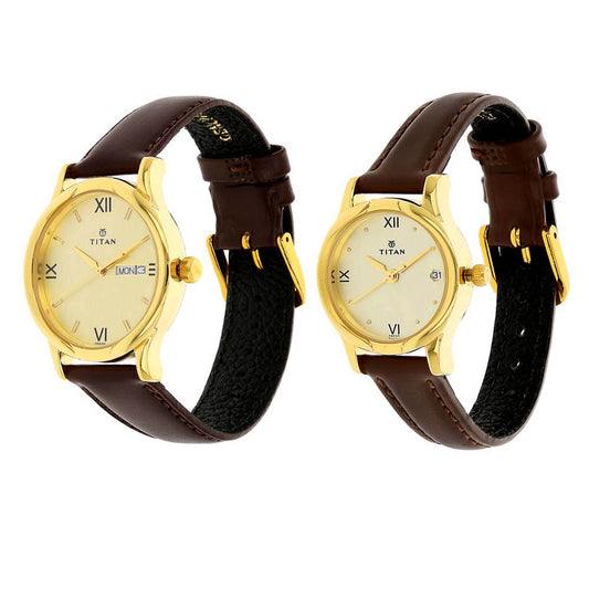 Titan Quartz Analog with Day and Date Champagne Dial Leather Strap Watch for Couple