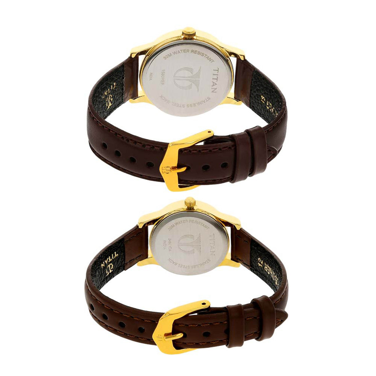 Titan Quartz Analog with Day and Date Champagne Dial Leather Strap Watch for Couple
