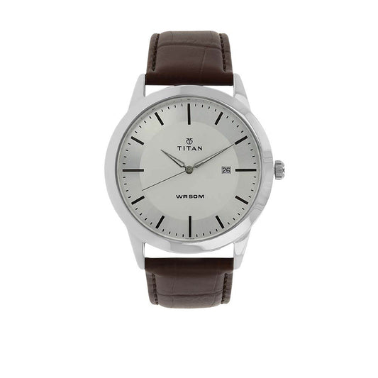 Titan Classic Silver Dial Brown Leather Strap Analog with Date Watch for Men