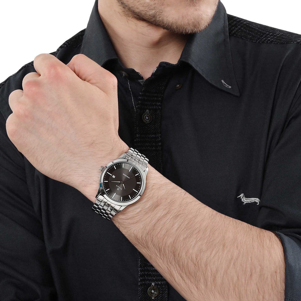 Titan Quartz Analog with Date Black Dial Stainless Steel Strap Watch for Men