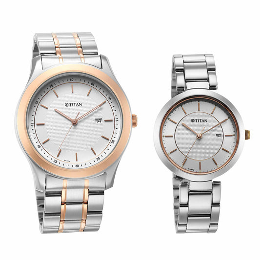 Titan Bandhan White Dial Analog with Date Stainless Steel Strap Watch for Couple