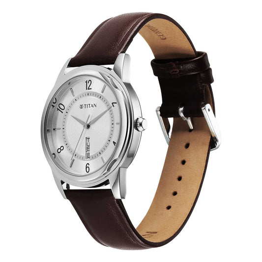 Titan Silver Dial Brown Leather Strap Analog Watch for Men