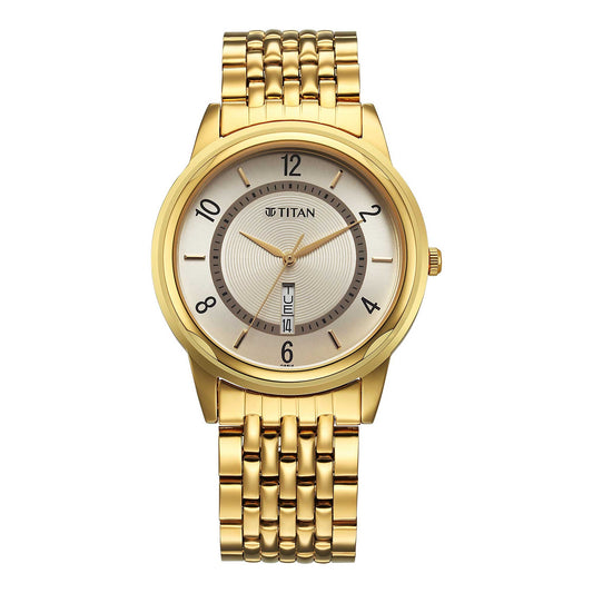 Titan Champagne Dial Gold Metal Strap Analog with Day Date Watch for Men