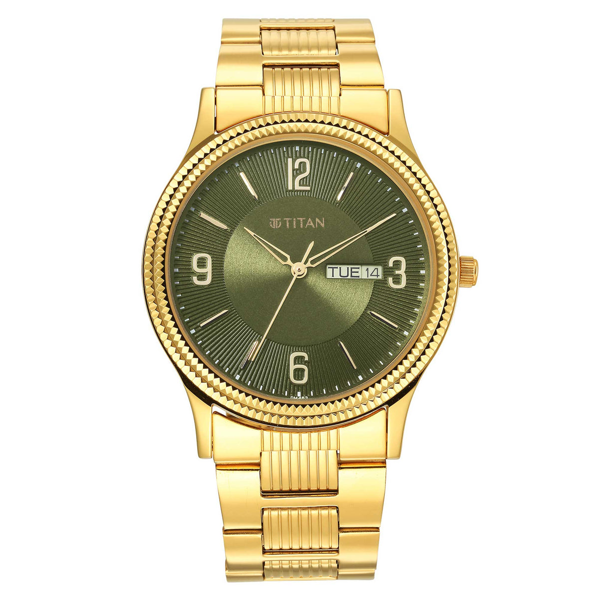 Titan Karishma Green Dial Gold Stainless Steel Strap Analog with Day-Date Watch for Men