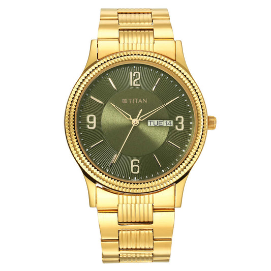 Titan Karishma Green Dial Gold Stainless Steel Strap Analog with Day-Date Watch for Men