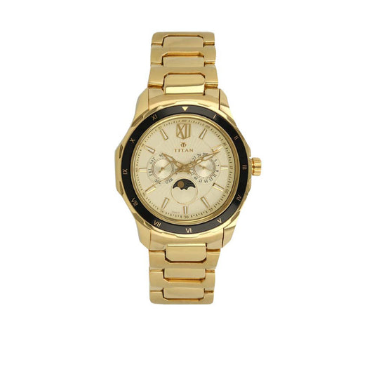Titan Quartz Multifunction Champagne Dial Stainless Steel Strap watch for Men