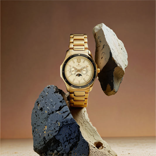 Titan Quartz Multifunction Champagne Dial Stainless Steel Strap watch for Men