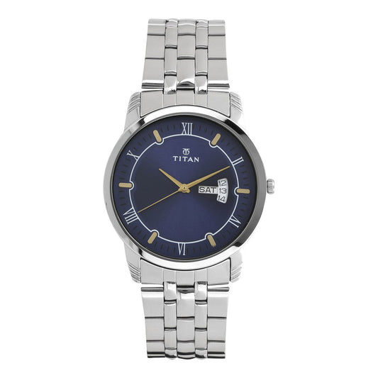 Titan Analog with Day and Date Blue Dial Stainless Steel Strap watch for Men