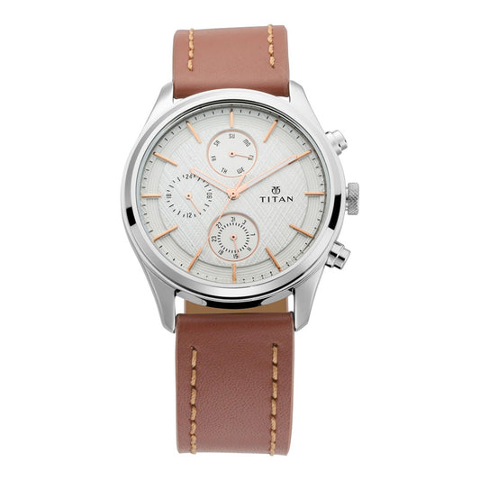Titan Men's Metropolitan Charm: Men's Multifunctional White Watch with Leather Strap