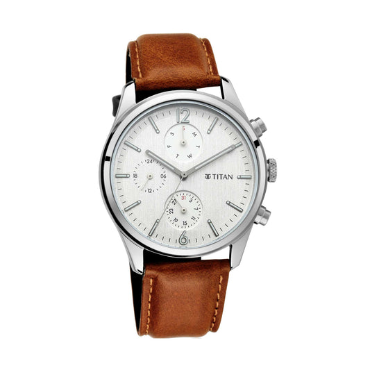 Titan Men's Metropolitan Charm: Men's Multifunctional Black Watch with Leather Strap