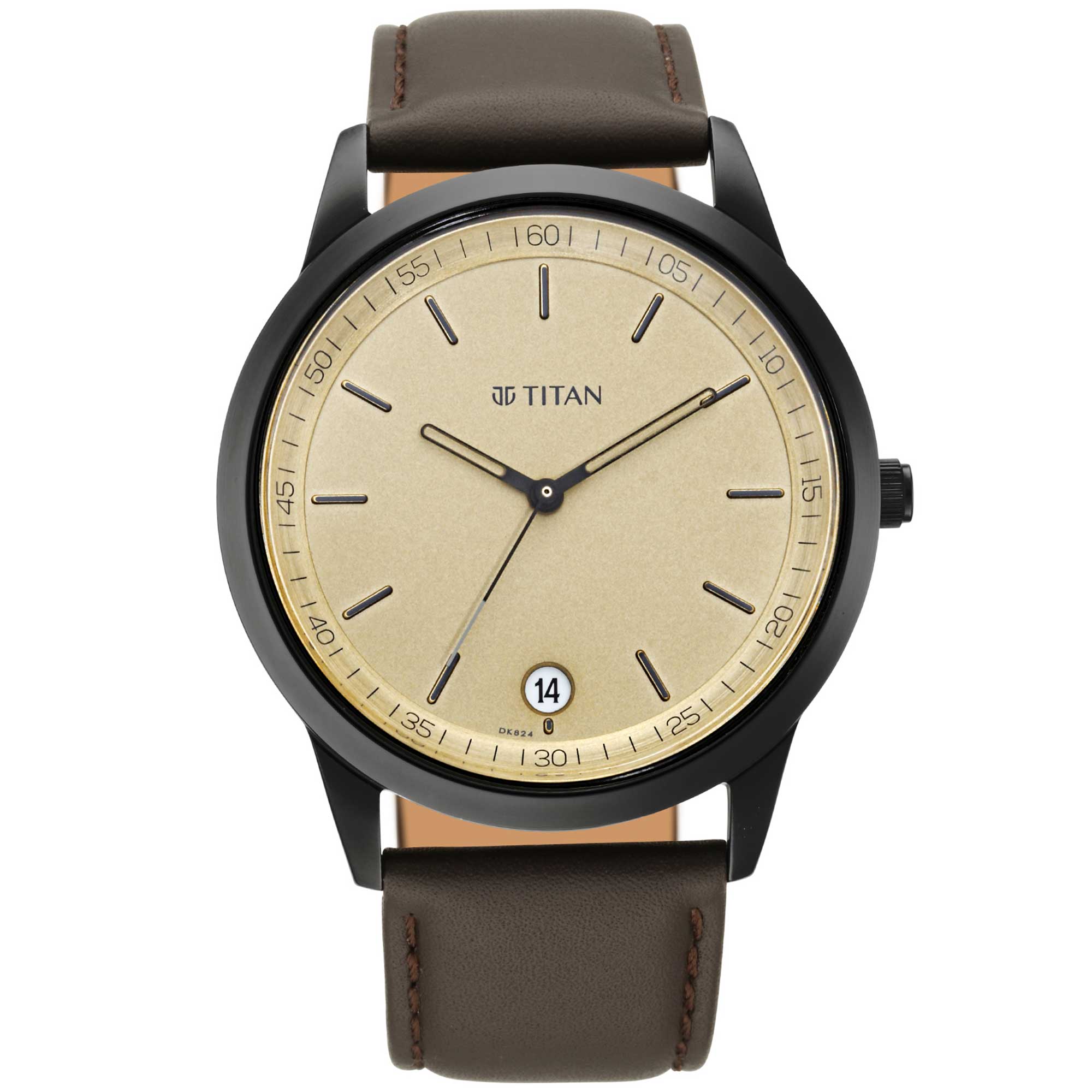 Titan Men's Timeless Style Watch: Refined Gold Dial and Leather Strap