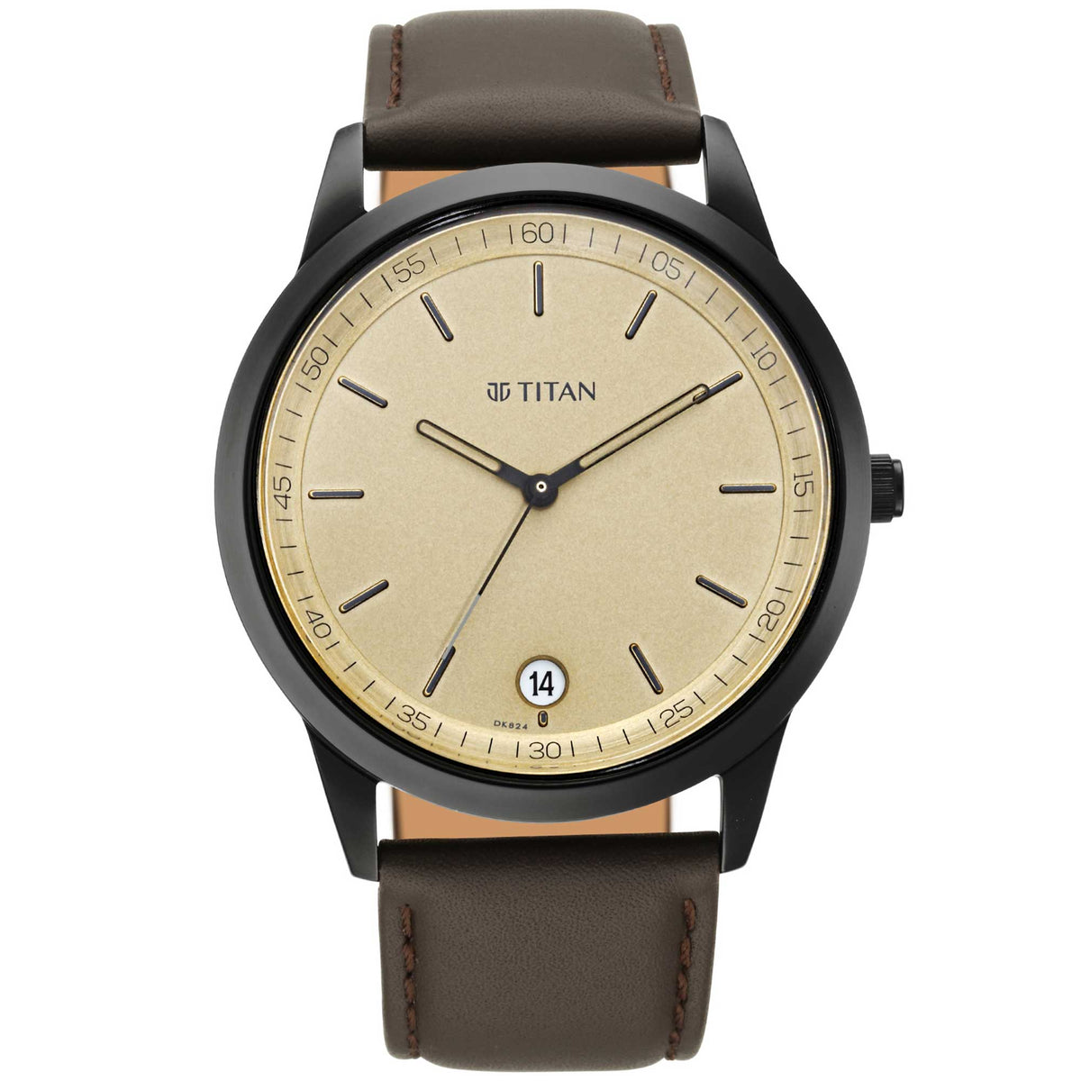 Titan Men's Timeless Style Watch: Refined Gold Dial and Leather Strap