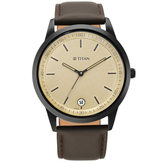 Titan Men's Timeless Style Watch: Refined Gold Dial and Leather Strap