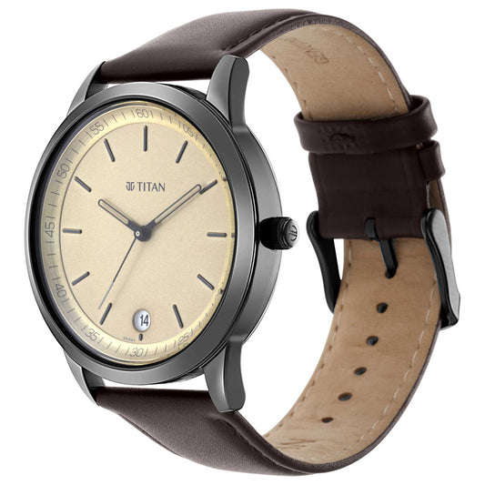 Titan Men's Timeless Style Watch: Refined Gold Dial and Leather Strap