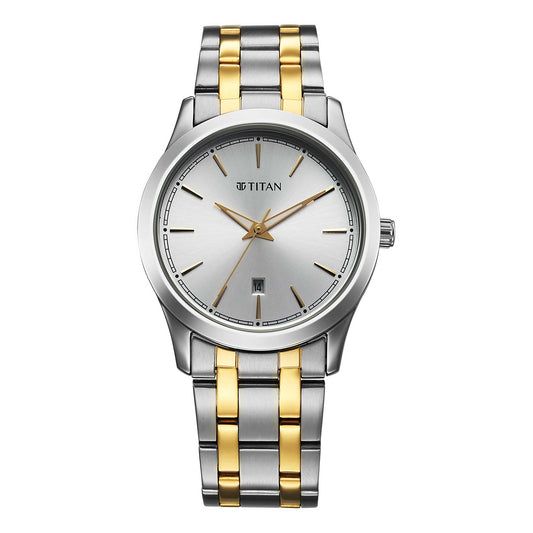 Titan Silver Dial Dual Color Stainless Steel Strap Analog with Date Watch for Men