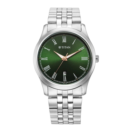 Titan Quartz Analog with Date Green Dial Stainless Steel Strap Watch for Men