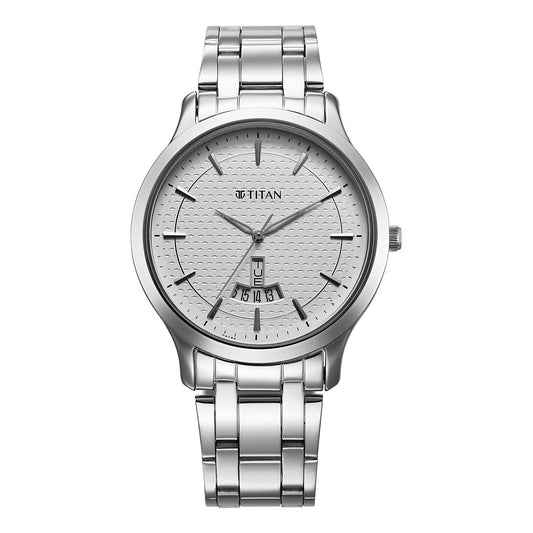 Titan Silver White Dial Stainless Steel Strap Analog with Day Date Watch for Men