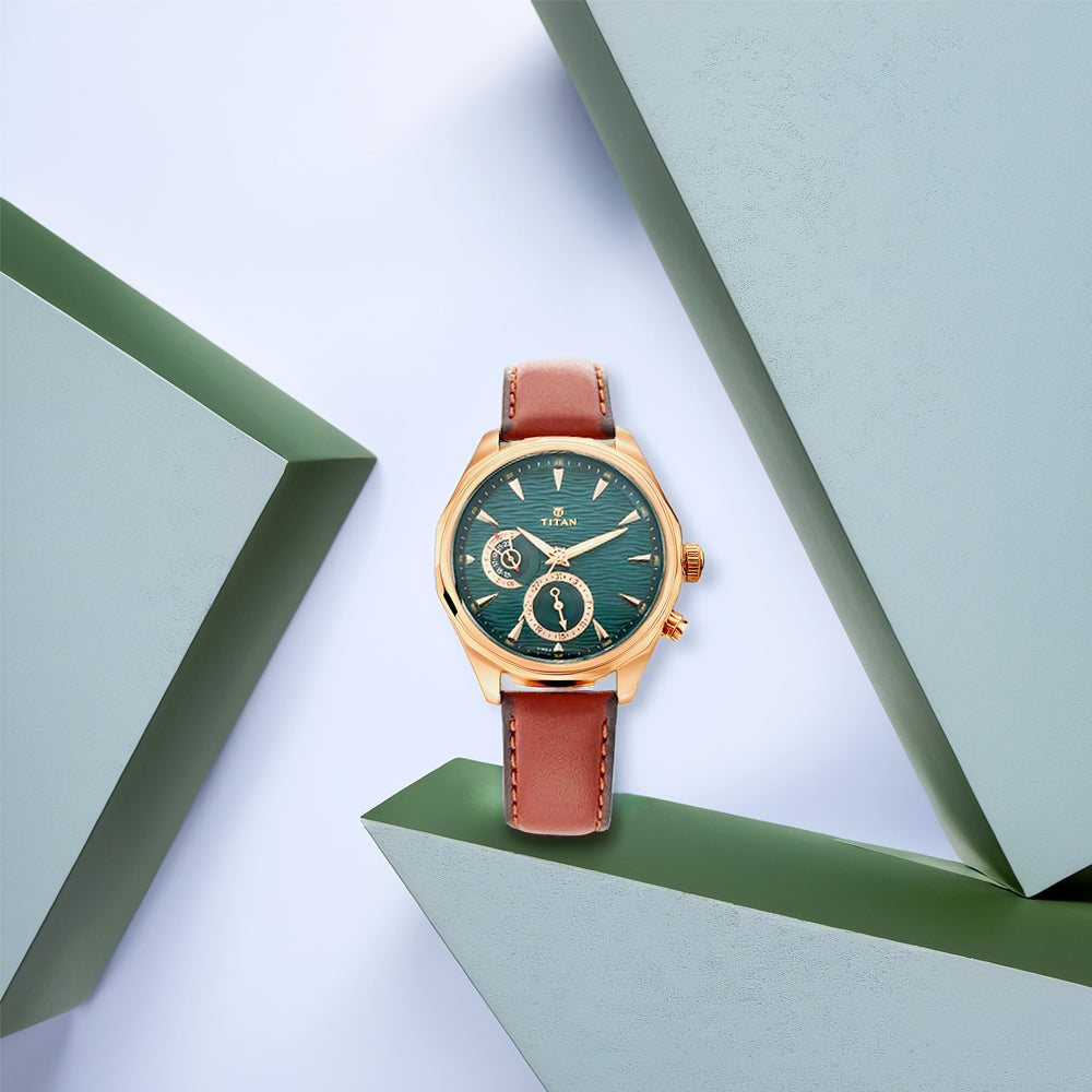 Titan Maritime Green Dial Quartz Multifunction Leather Strap watch for Men