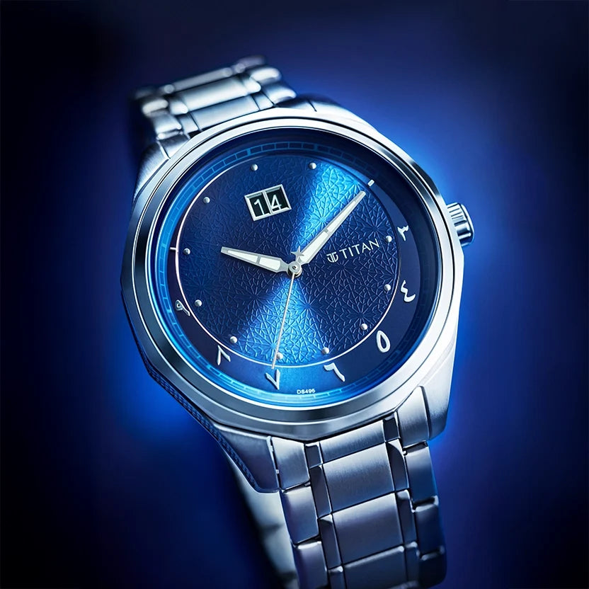 Titan Blue Dial Silver Stainless Steel Strap Analog with Date Watch For Men