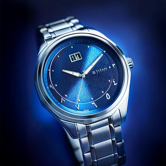 Titan Blue Dial Silver Stainless Steel Strap Analog with Date Watch For Men