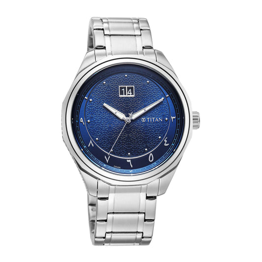 Titan Blue Dial Silver Stainless Steel Strap Analog with Date Watch For Men