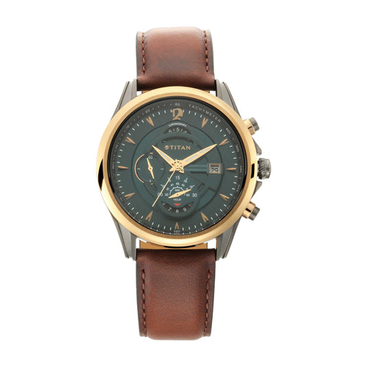 Titan Maritime Green Dial Brown Leather Strap Chronograph Watch for Men