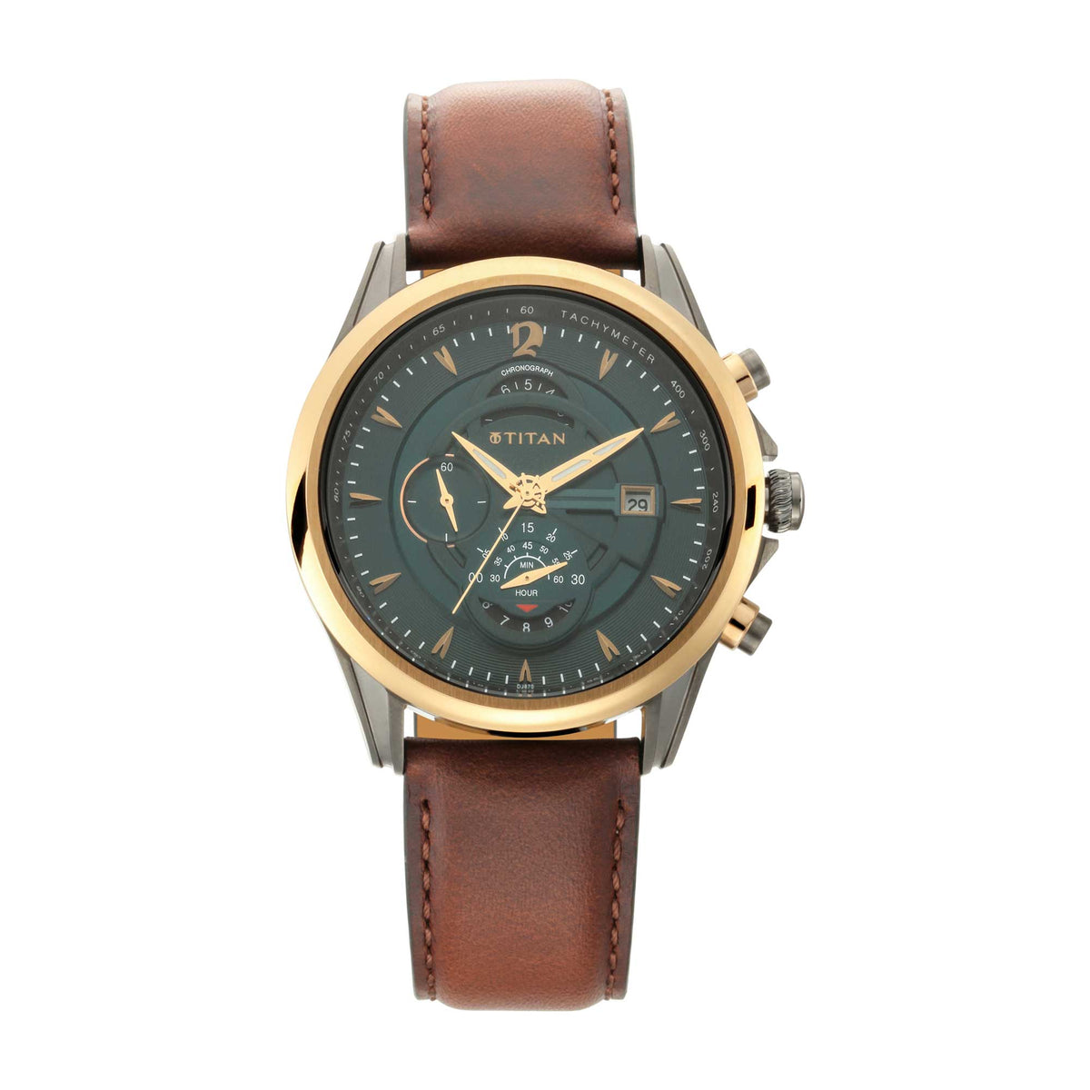 Stylish men's Titan Maritime watch with green chronograph dial, gold case, and brown leather strap.