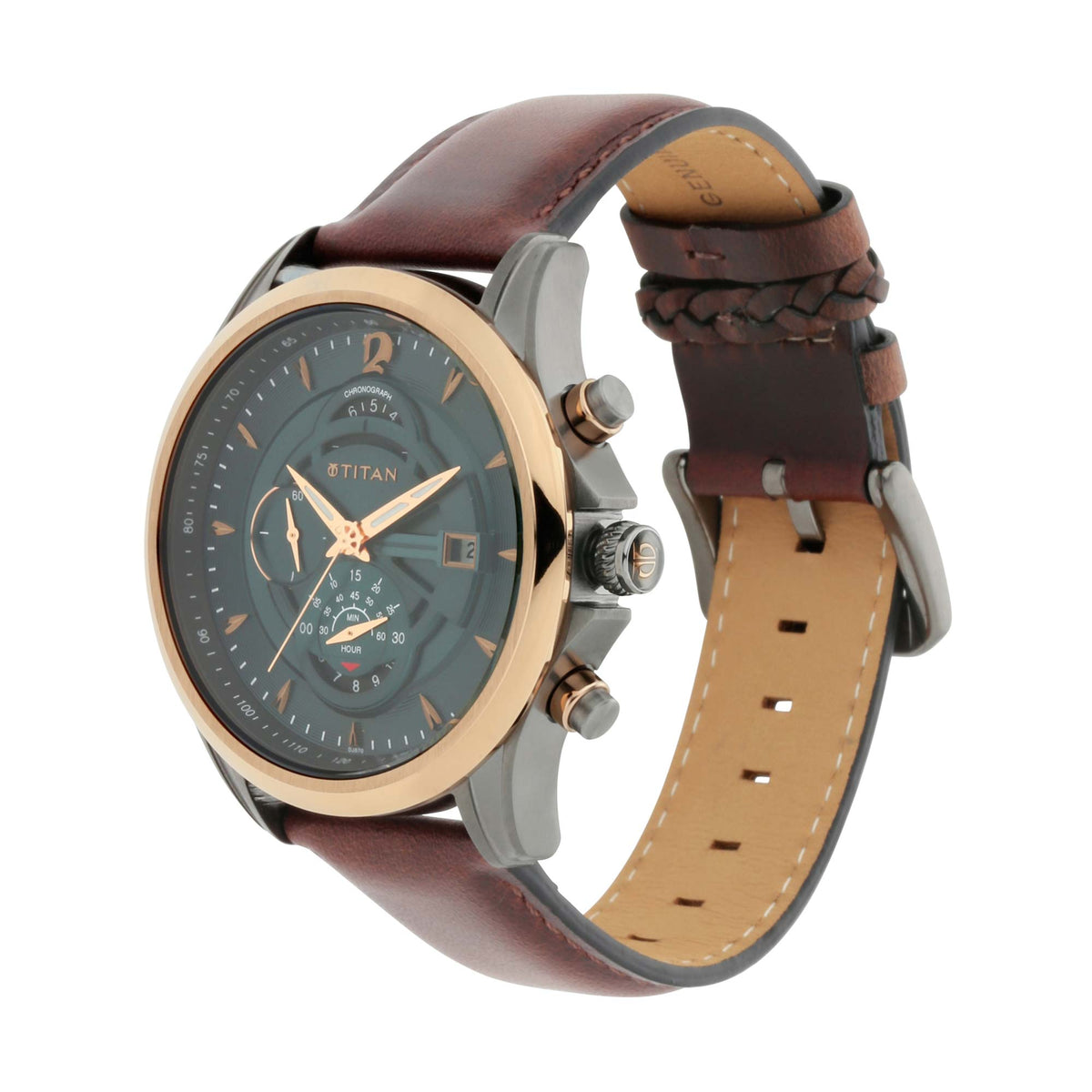 Angled view of Titan Maritime menâ€™s chronograph watch with green dial, gold bezel, & leather strap.