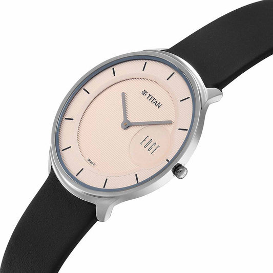 Titan Edge Murals Quartz Analog Pink Dial Black Leather Strap Watch For Men