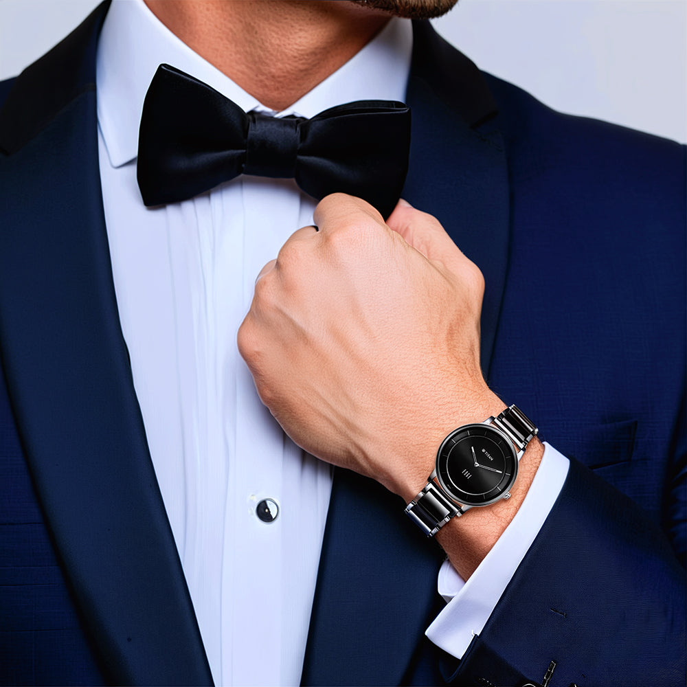 Titan Edge Fusion Quartz Analog Black Dial Two Toned Steel & Ceramic Strap Watch for Men 1878KD01