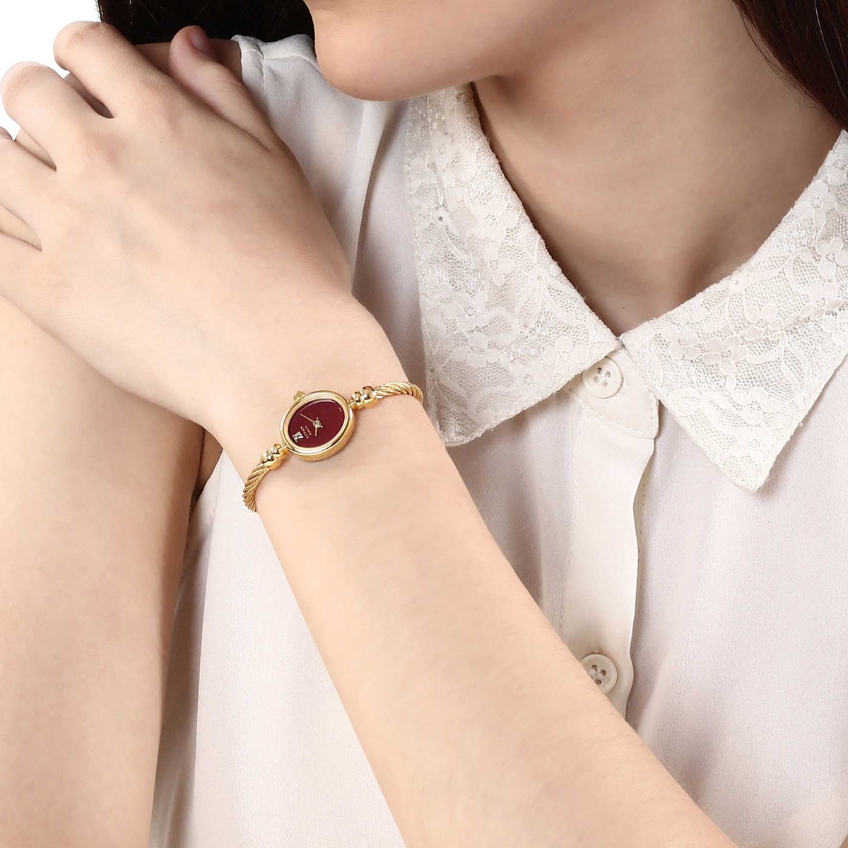 Titan Raga Burgundy Dial Analog Metal Strap Watch for Women