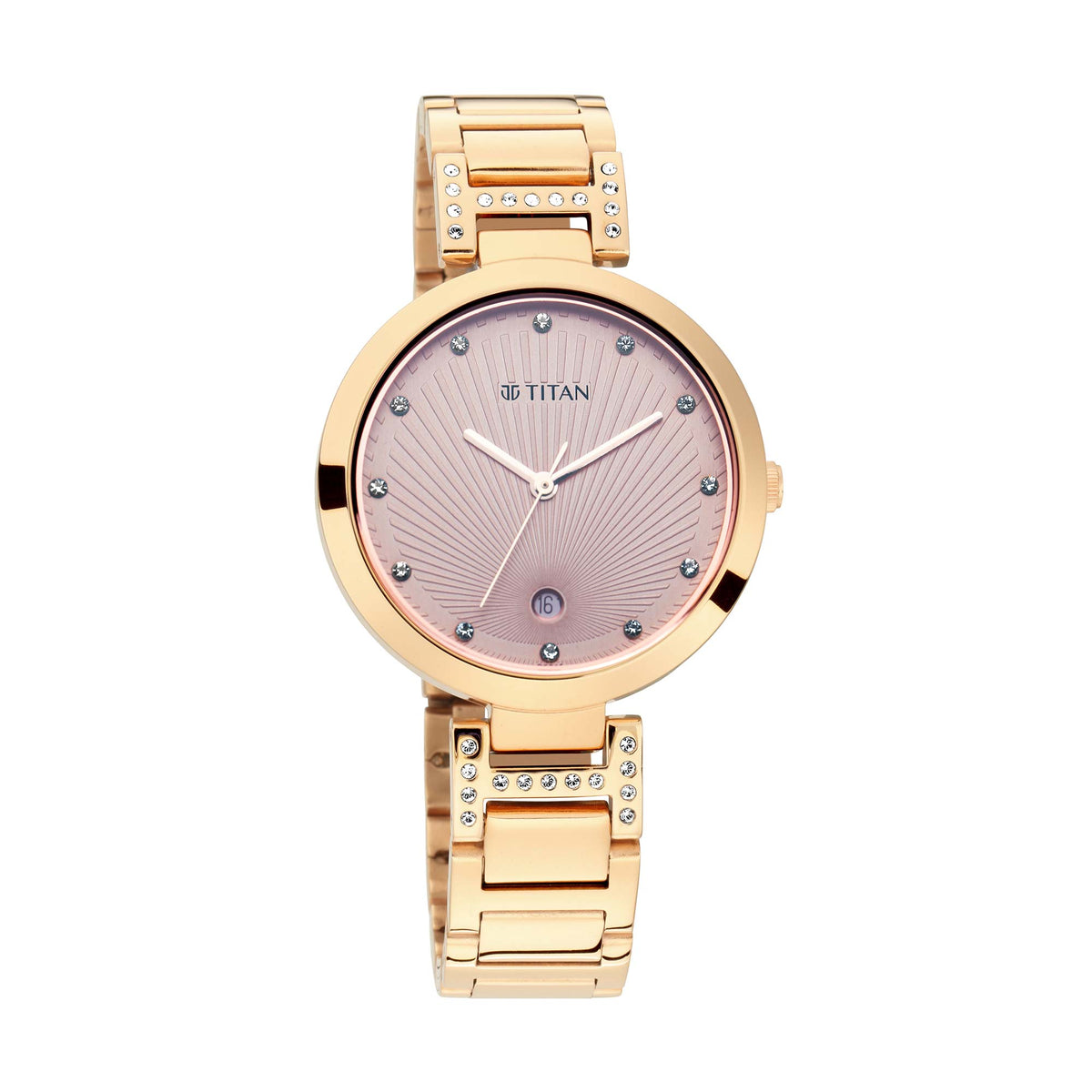 Titan Sparkle Rose Gold Dial Analog with Date Metal Strap watch for Women