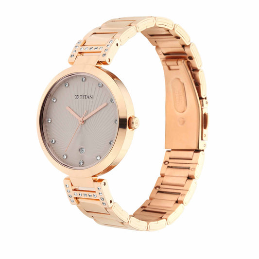 Titan Sparkle Rose Gold Dial Analog with Date Metal Strap watch for Women