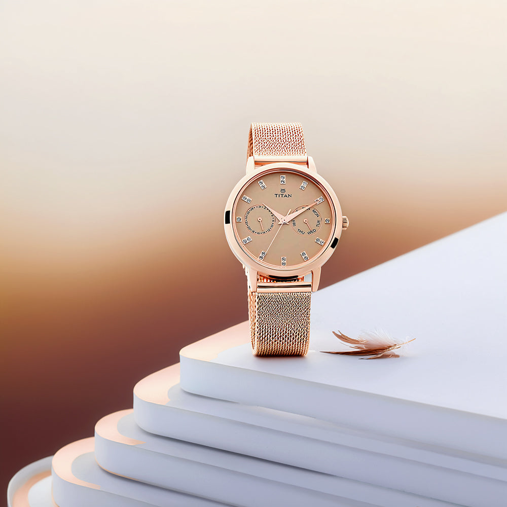 Titan Sparkle Quartz Analog with Day and Date Beige Dial Watch for Women