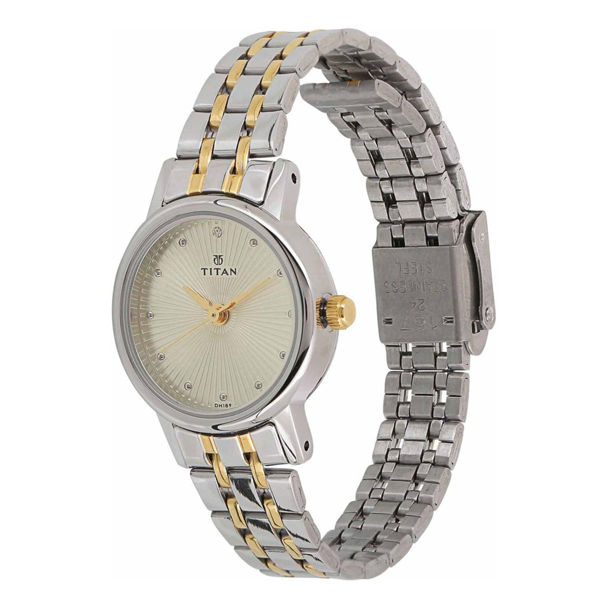 Titan Quartz Analog Champagne Dial Stainless Steel Strap Watch for Women