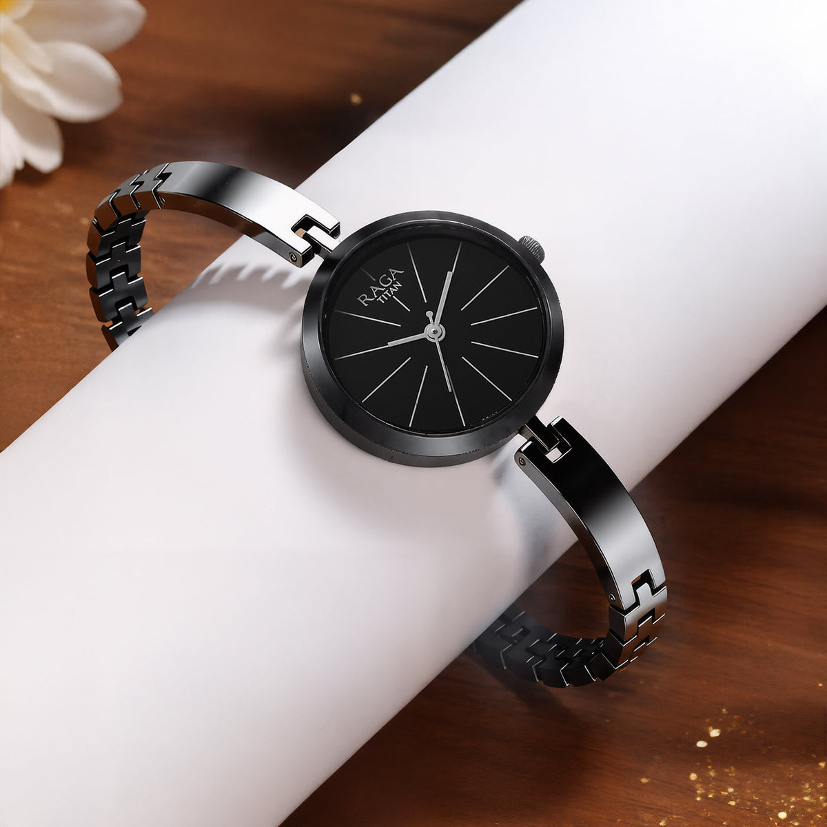 Titan Raga Viva Quartz Analog Black Dial Grey Metal Strap Watch for Women 2606QM04