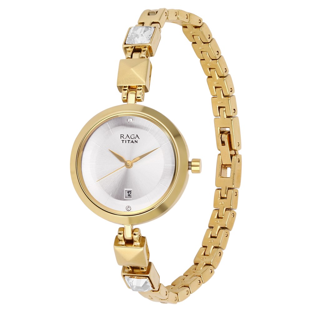 Titan Raga Viva Silver Dial Analog with Date Golden Metal Strap watch for Women 2606YM01