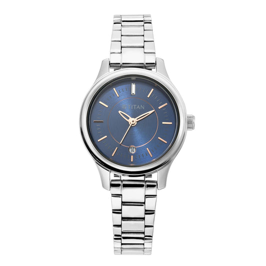 Titan Quartz Analog with Date Blue Dial Metal Strap Watch for Women 2638SM01
